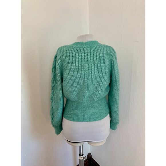 VTG 90s y2k Green Knit Cropped Sweater Mutton Sleeves Cable Argyle Cardigan Med - Picture 14 of 16